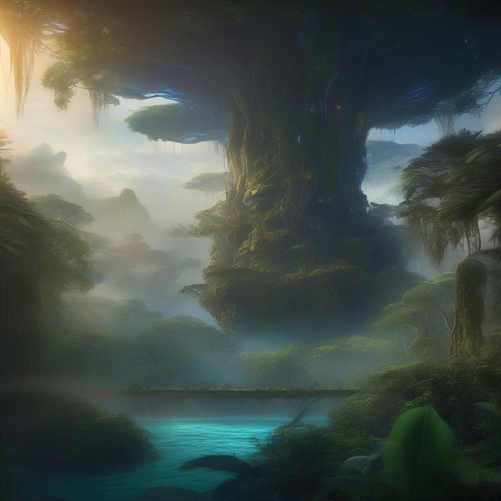 An ancient, mystical jungle scene featuring a vast canopy of lush greenery and towering, otherworldly trees. A serene river meanders through the landscape, providing a path for an adventurous spirit to navigate.