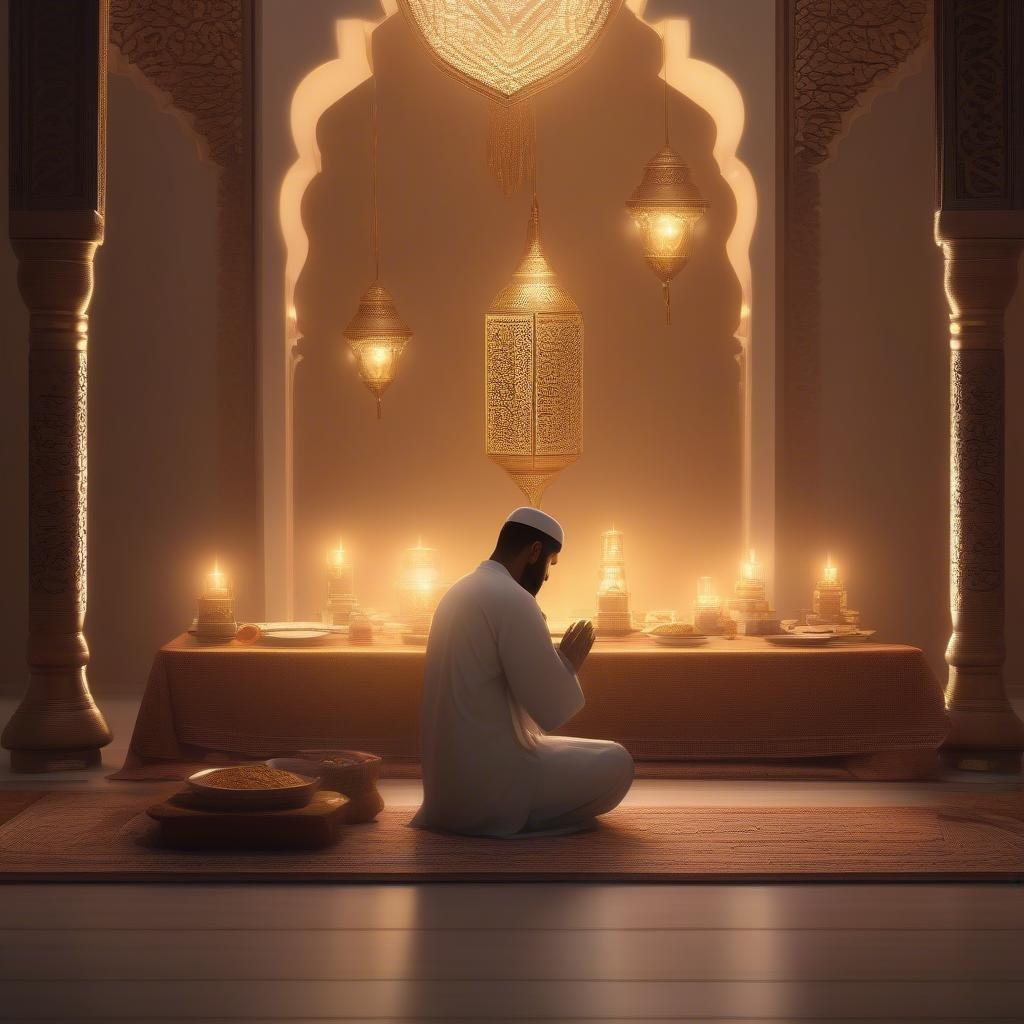 An Islamic mosque interior adorned for the holy month of Ramadan. A man in religious attire is seen praying, offering a serene and spiritual atmosphere.