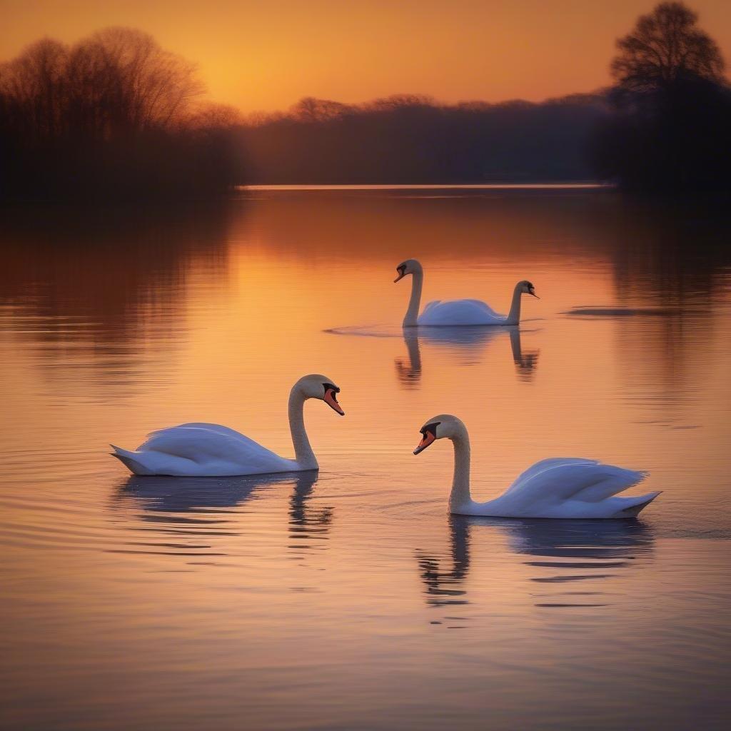 Enjoy a moment of tranquility as two elegant swans glide gracefully across the water during a sunset, with their reflections dancing on the surface. The sky is painted in soft hues of orange and pink, casting a warm glow that illuminates the scene.