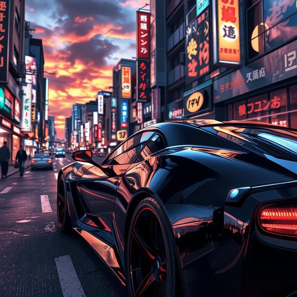 Uma ilustração digital dinâmica capturando uma rua futurista de Tóquio ao pôr do sol. A cena é banhada pelo calor das luzes de néon refletindo na superfície do elegante carro esportivo preto, criando uma atmosfera de anime. O horizonte urbano desaparece em um horizonte colorido sob um céu dramático, adicionando ao movimento e à energia desta paisagem urbana movimentada.