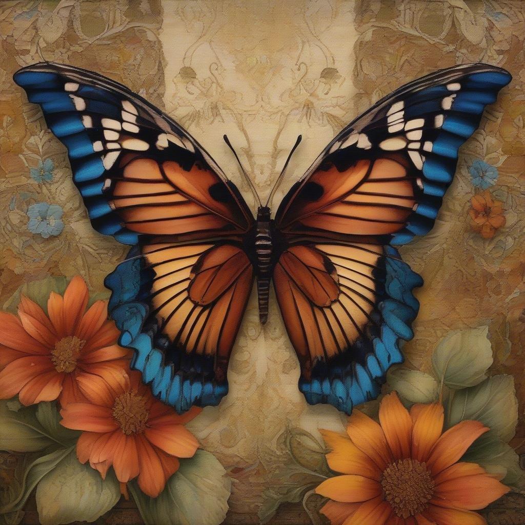 A majestic butterfly, with wings spread wide like a sunset sky, is the focal point of this stunning wallpaper. The wings' panels are a blend of blue and orange hues, interspersed with black accents that add to its elegance. The body displays shades of brown and cream, contrasting beautifully against the vivid wings. In the foreground, delicate yellow flowers bloom in a sunny garden, their petals adding a touch of warmth to the composition. This wallpaper is perfect for bringing nature's splendor into your digital space.