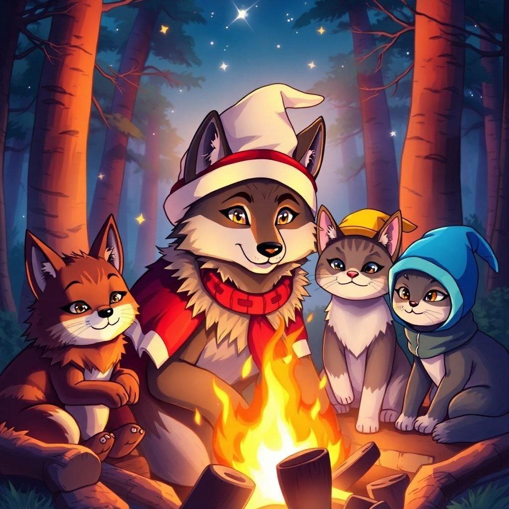 Ce fond d'écran anime enchanteur capture une scène réconfortante d'animaux compagnons rassemblés autour d'un feu de camp, exhalant chaleur et camaraderie.