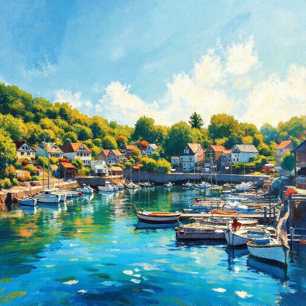 A serene coastal scene featuring a picturesque fishing village on the edge of a clear blue sea. The tranquil harbor is dotted with boats of various sizes, bobbing gently on the calm waters. Above, the sky stretches out in an expanse of open blue, completing this idyllic seaside tableau.