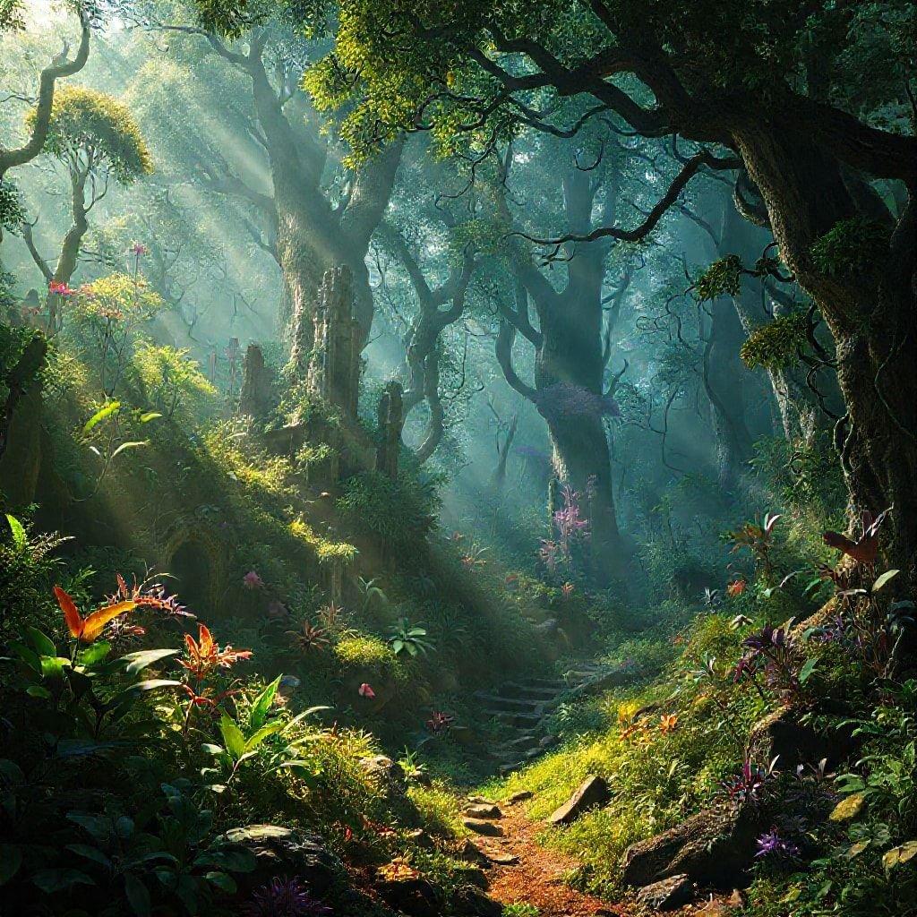 Step into a world of wonder and magic with this captivating sci-fi landscape wallpaper. The lush greenery and towering trees create a sense of awe and mystery, inviting you to explore the unknown.