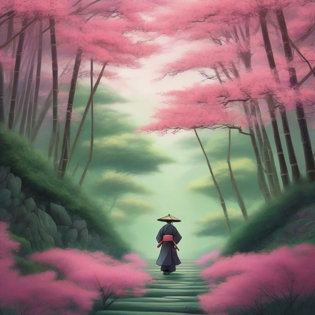 In questa tranquilla illustrazione anime, un samurai, vestito con un'armatura tradizionale e armato di spada, intraprende un viaggio pacifico attraverso una nebbiosa foresta di bambù. I vibranti fiori di ciliegio rosa che costeggiano il sentiero aggiungono un tocco di colore al paesaggio verde e marrone smorzato, creando un senso di armonia tra la natura e la presenza del samurai.