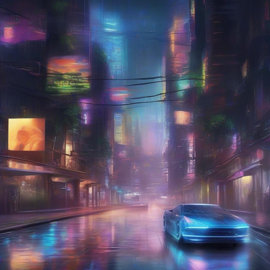 Uma vibrante cena noturna de cidade cyberpunk, onde um carro futurista navega pelas ruas encharcadas de chuva sob o brilho das luzes de néon.