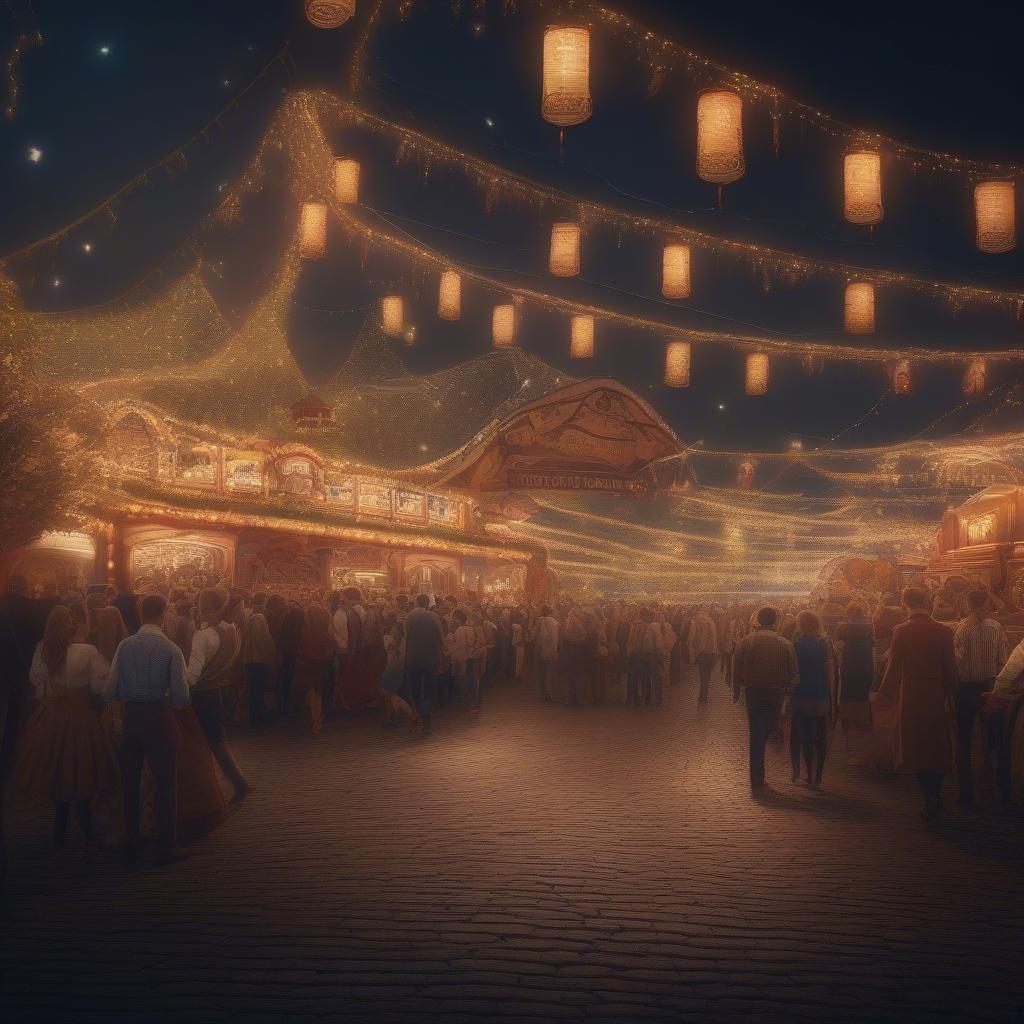 A bustling night at the Oktoberfest festival, with lantern-lit streets and booths filled with people enjoying food and drink.