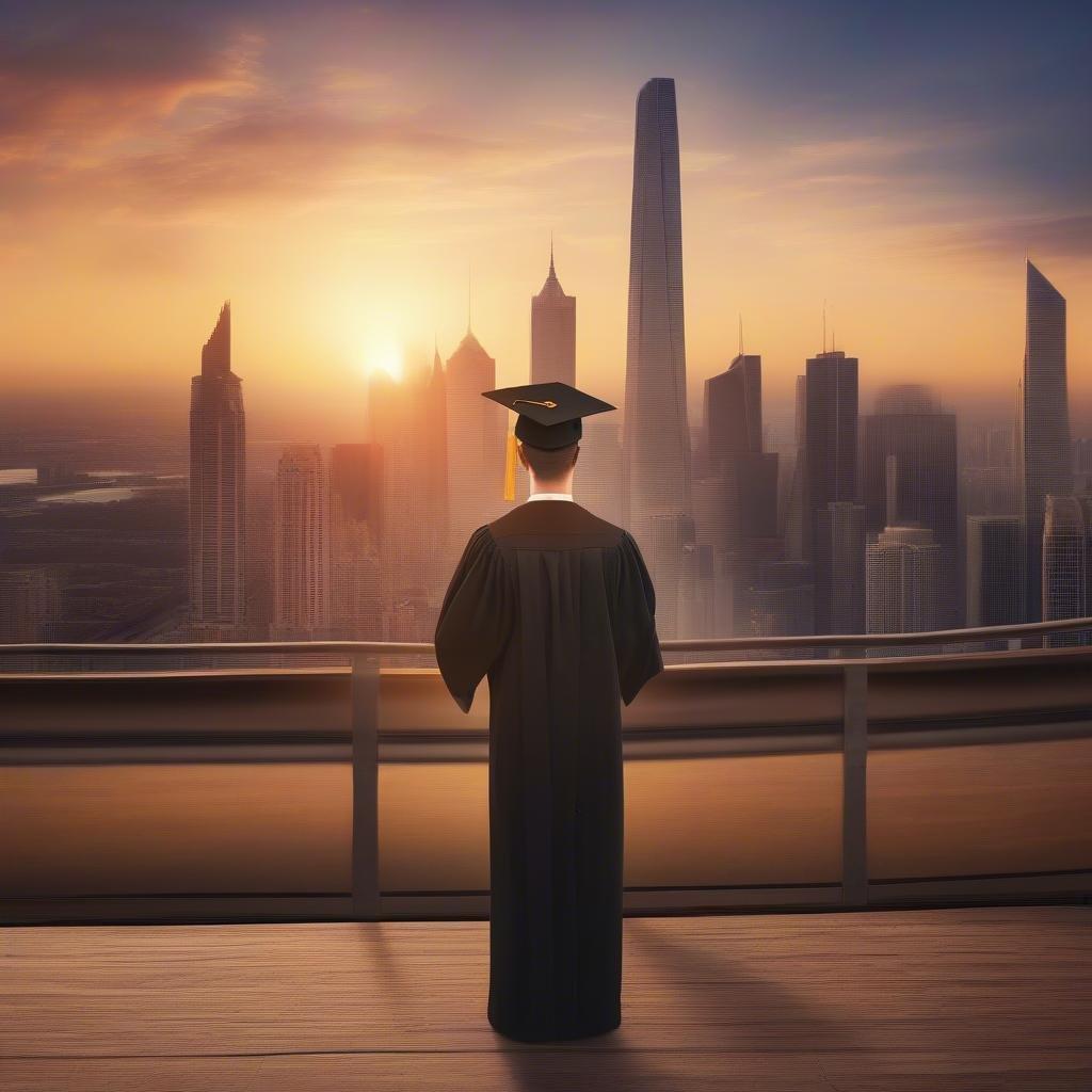 A young man in a graduation gown and cap stands on a balcony overlooking a city skyline, looking out at the sunset. The image captures the moment of achievement and celebration as he reflects on his journey.