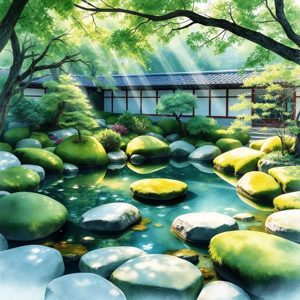 This peaceful Japanese garden, bathed in sunlight, features lush greenery, tranquil water, and a traditional tea house inviting you for a moment of rest. Step into this zen oasis.