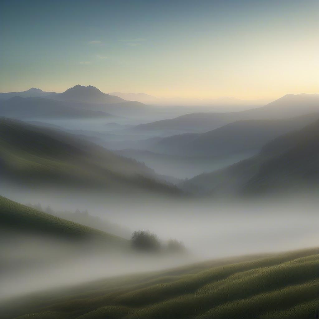 Vue à couper le souffle sur une vallée brumeuse avec des collines ondulantes et de grands arbres sous un ciel dégagé au lever du soleil.