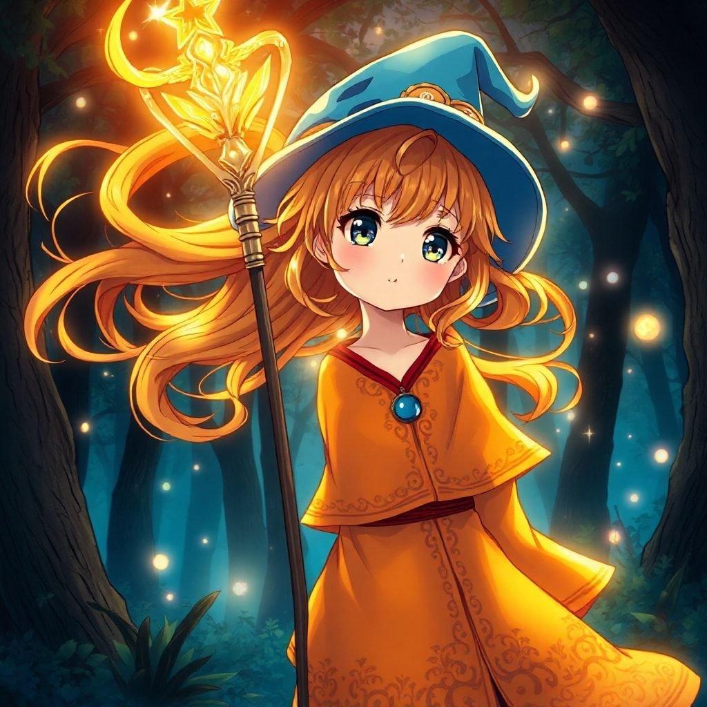 Denne anime-illustration viser en ung pige, der står i en mørk skov, hendes hår prydet med en magisk stav. Hendes livlige orange og gule outfit, komplet med en blå hat, tilføjer et legende præg til scenen. Illustrationen er en fængslende blanding af fantasi og virkelighed, med et hint af magisk magi i baggrunden.