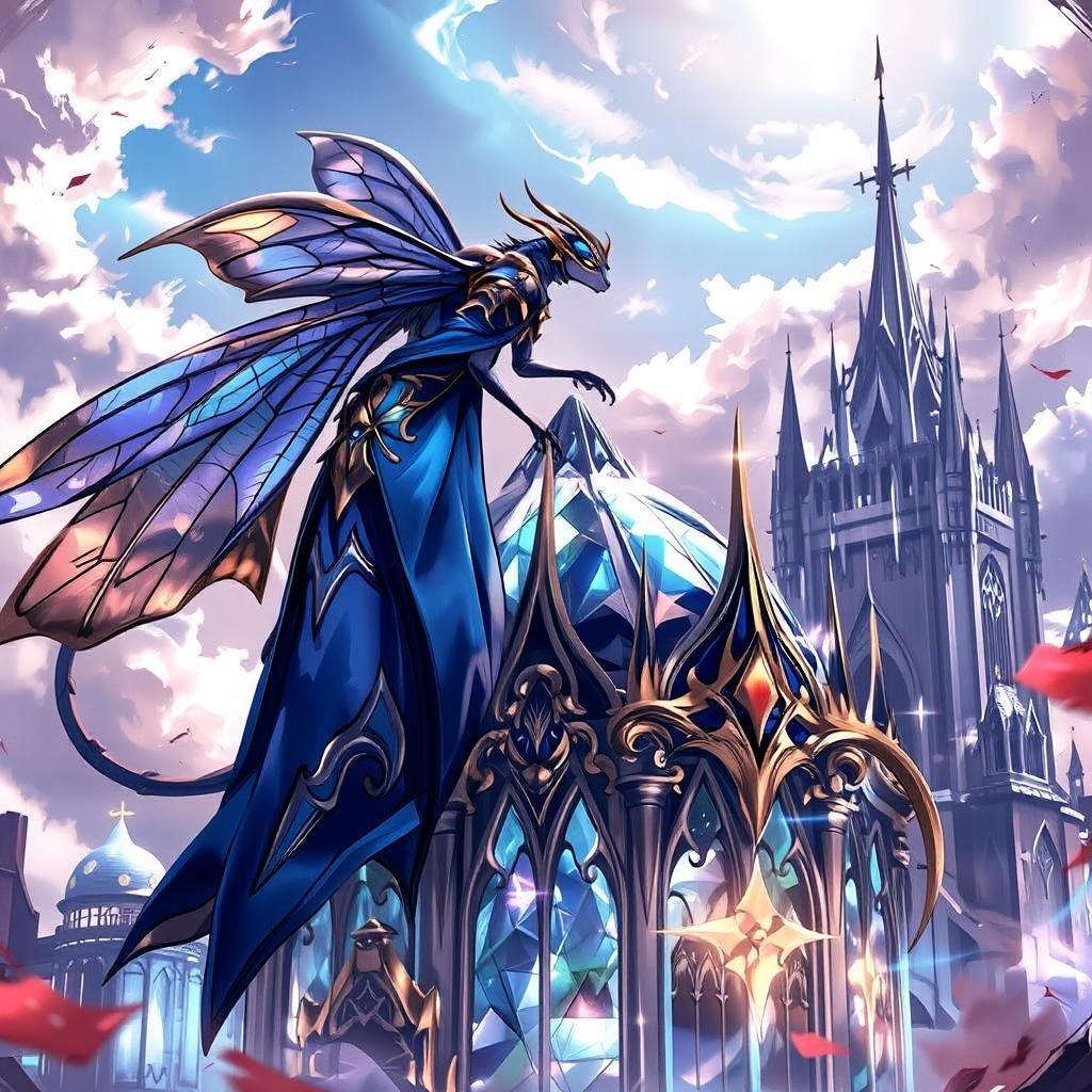 This anime-style illustration features a majestic dragonfly guardian perched atop a large crystal palace, exuding a sense of magic and wonder.