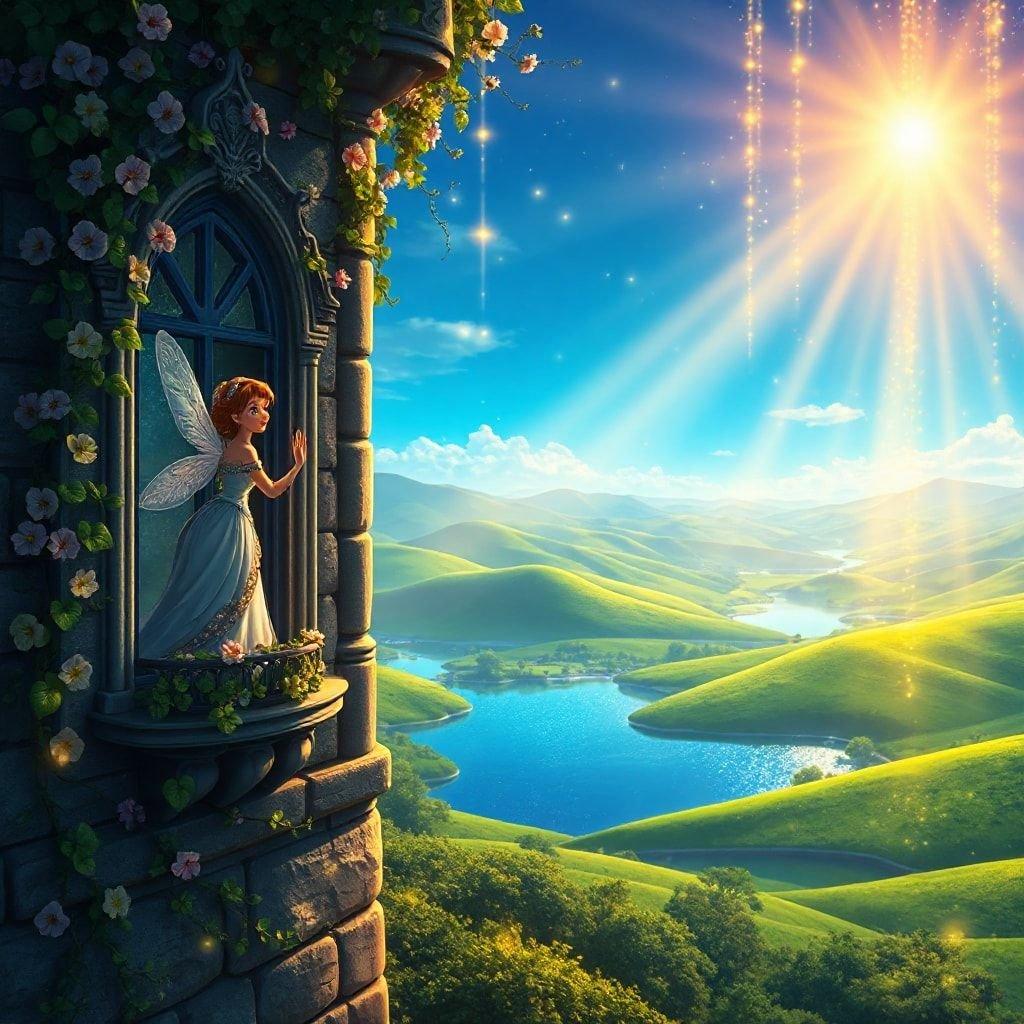 A beautiful and magical scene featuring a fairy looking out from a castle window onto a picturesque landscape with mountains, a river, and the sun rising. Perfect for wallpapers on desktop or mobile devices.