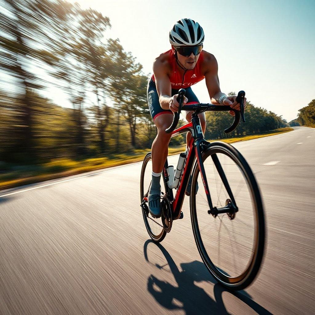 A cyclist racing down the road, capturing the thrill of speed against a backdrop of nature.