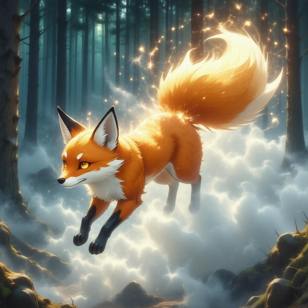 This enchanting anime illustration features a magical fox spirit with vibrant orange and yellow fur, set against a misty forest backdrop. The central figure, a fox with a blue and yellow striped body, is the focal point, while its head is tilted slightly to the right, adding a sense of movement. The background is a blurry, mysterious forest with tall trees and a bright light source, creating an ethereal atmosphere.