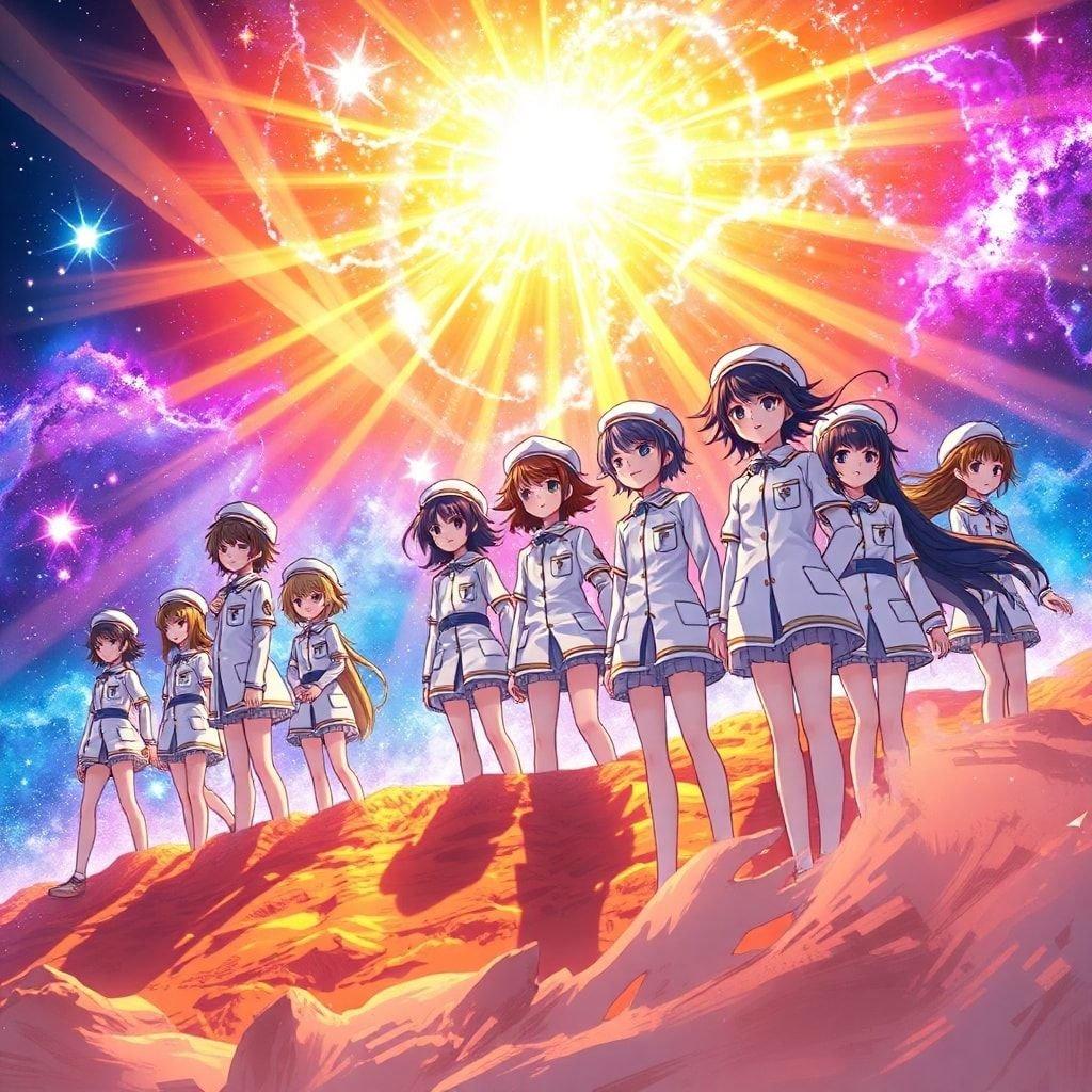 Dieser atemberaubende Anime-Hintergrund zeigt ein Team von Schülern, die auf einem himmlischen Schlachtfeld stehen, gekleidet in weißen Uniformen und Hüten. Das Bild strahlt ein Gefühl von Bewegung und Energie aus und fängt einen Moment des Staunens ein.