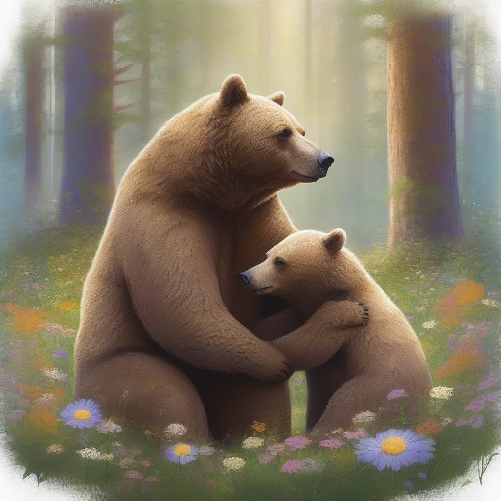 This heartwarming digital illustration captures the tender love between mother and child in a serene forest setting. Perfect for celebrating Mother's Day, this wallpaper showcases the beauty of nature and family togetherness.