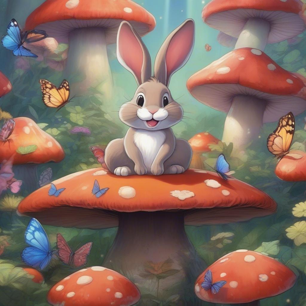 This enchanting wallpaper features a charming cartoon bunny perched on a mushroom, surrounded by a kaleidoscope of butterflies in a lush, vibrant forest. The image exudes a sense of wonder and magic, perfect for adding a touch of whimsy to your desktop or mobile device.