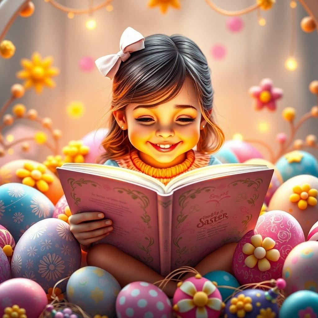 Celebrate the joy of Easter with this beautiful wallpaper featuring a girl reading a book surrounded by colorful eggs.