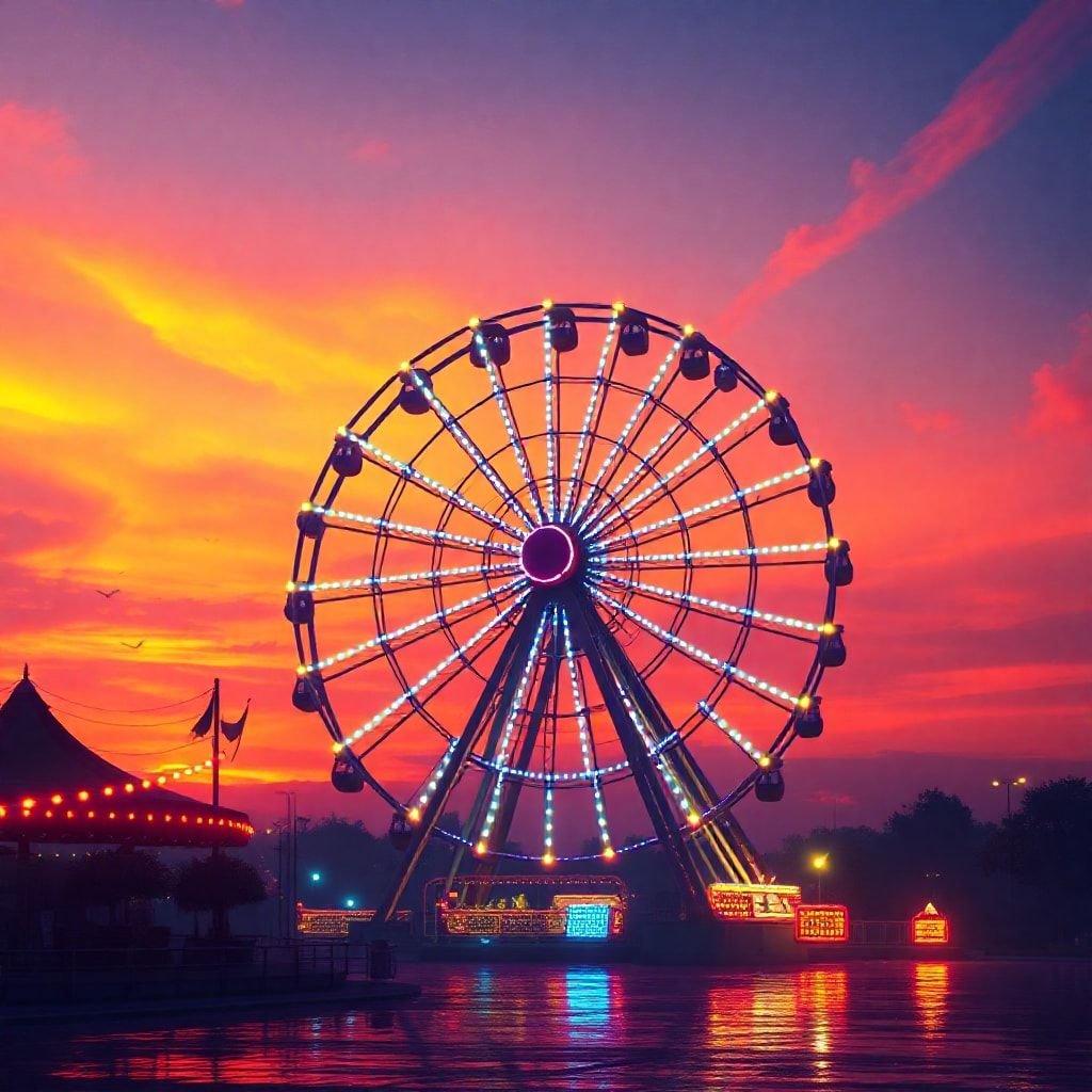 An enchanting evening scene at the carnival with a beautifully lit ferris wheel against a stunning sunset sky.