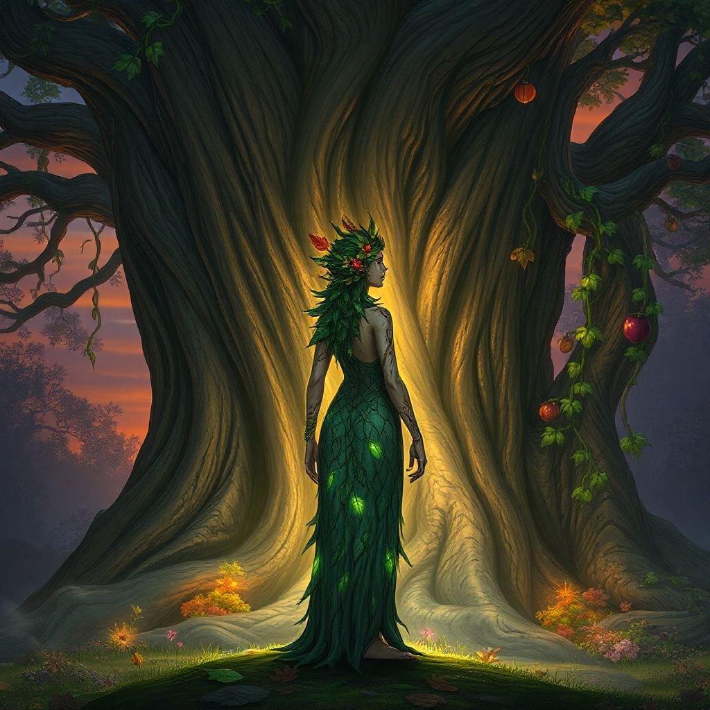 A fantastical scene featuring a magical creature in an enchanting forest setting at dusk.