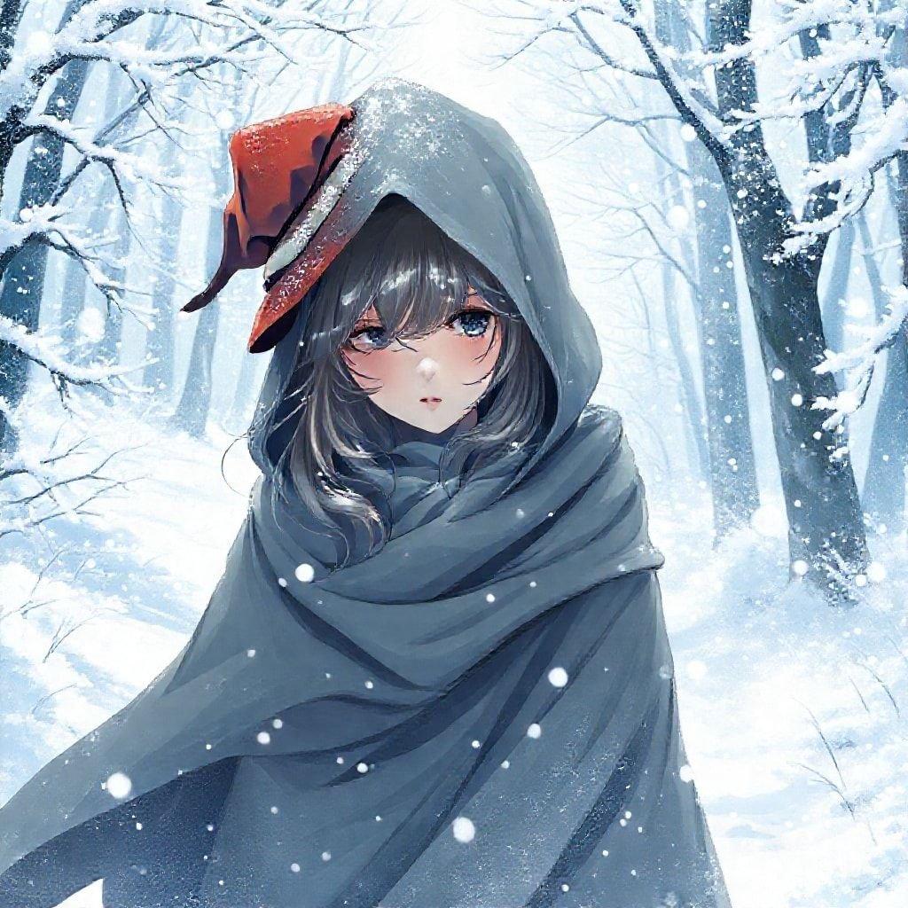 Cette illustration anime captivante présente une femme mystérieuse en manteau à capuche marchant à travers une forêt gelée. L'image dégage une atmosphère éthérée, avec des flocons de neige tombant doucement autour d'elle, créant un sentiment de tranquillité et d'émerveillement.