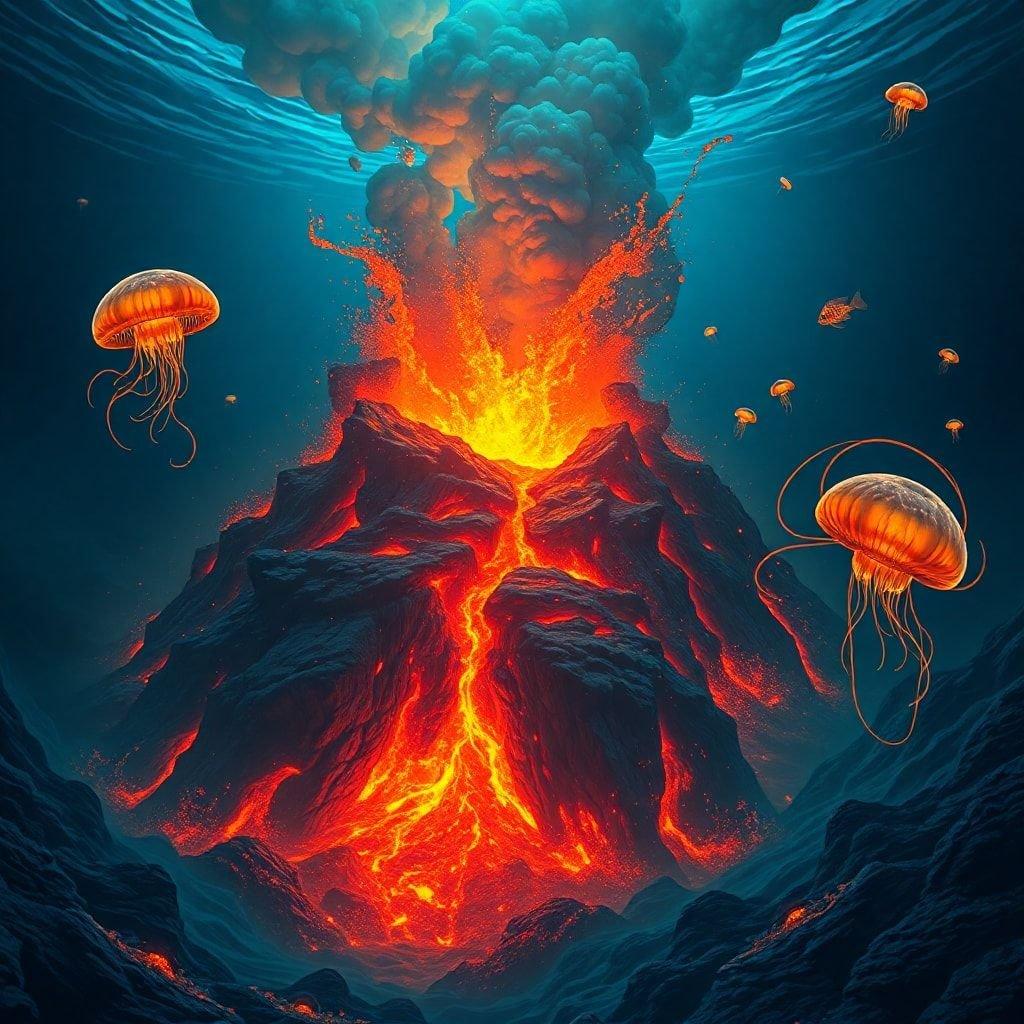 A vibrant ocean scene captures the powerful majesty of a volcanic eruption occurring right in the midst of a school of jellyfish.