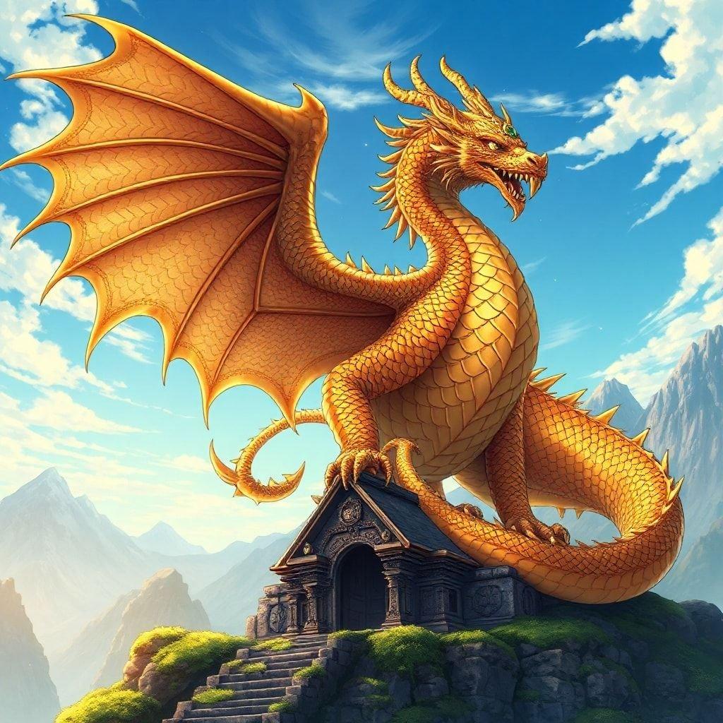 This wallpaper features a majestic gold dragon standing guard at the entrance to a hidden temple, set against a mysterious blue sky and mountains.