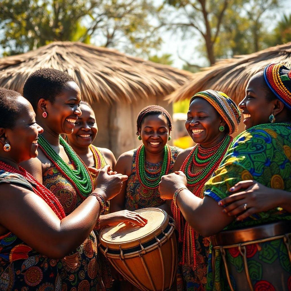 This vibrant wallpaper showcases a group of African women coming together to celebrate their rich cultural heritage. The image captures the joy and unity of the women as they participate in a traditional dance, surrounded by colorful attire and intricate patterns. The wallpaper is a beautiful representation of the diversity and beauty of African culture, making it a stunning addition to any desktop or mobile device.