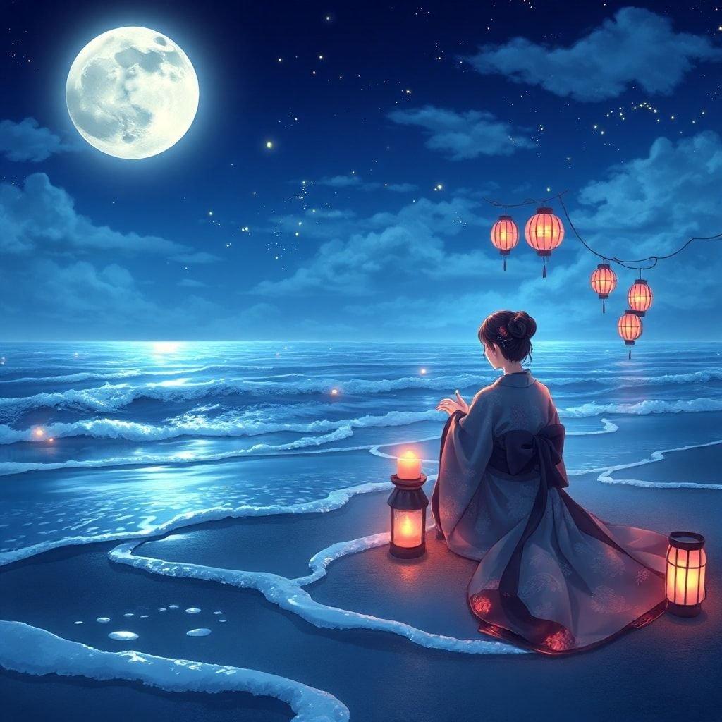 A serene anime-style scene of a magical moonlit beach, with gentle waves and a peaceful atmosphere.