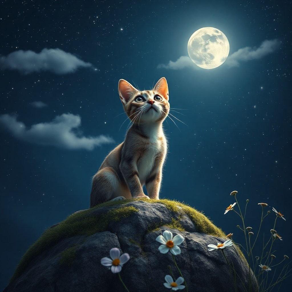 A curious kitten gazes into the night, captivated by the celestial glow. The tranquil scene is set on a cliff overlooking a starlit landscape under the watchful eyes of the full moon.