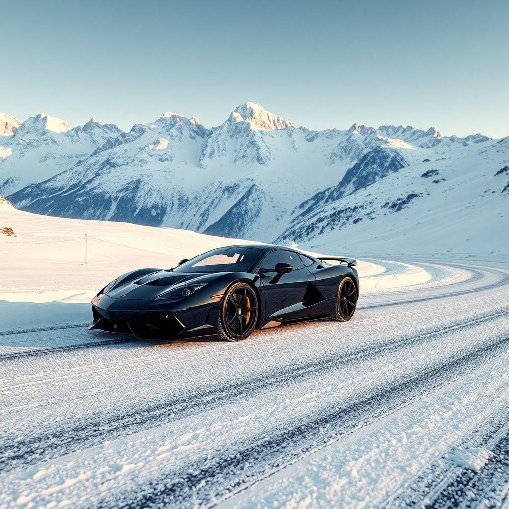 This image captures the elegance of a premium sports car like the Bugatti Chiron, set against the breathtaking backdrop of snow-capped mountains. The clear sky and sunlight enhance the contrast between the vibrant black vehicle and the pristine white snow.