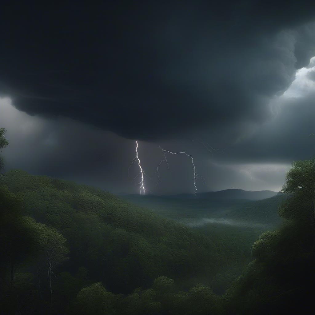 Experience the raw power of nature as dark clouds gather over a lush forest, lightning strikes illuminate the scene, and rain begins to fall, painting an atmospheric picture for your desktop background.