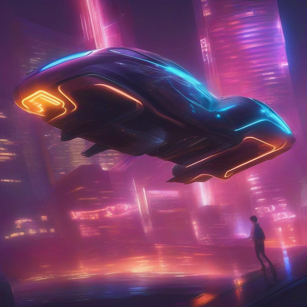 The sky above the city lights up with hues of pink and purple as a futuristic flying car takes flight. The cityscape is illuminated with neon signs and modern architecture under the night sky.