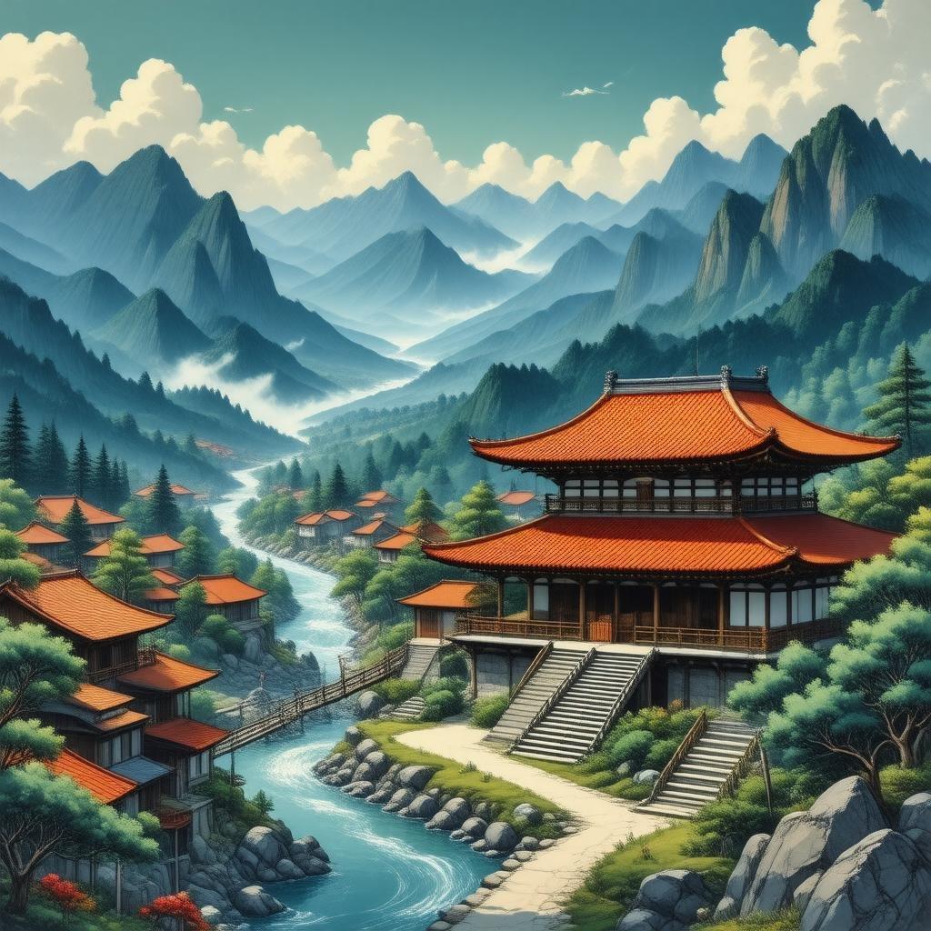 Immerse yourself in the serene beauty of this anime-style village, where traditional architecture meets breathtaking natural landscapes.