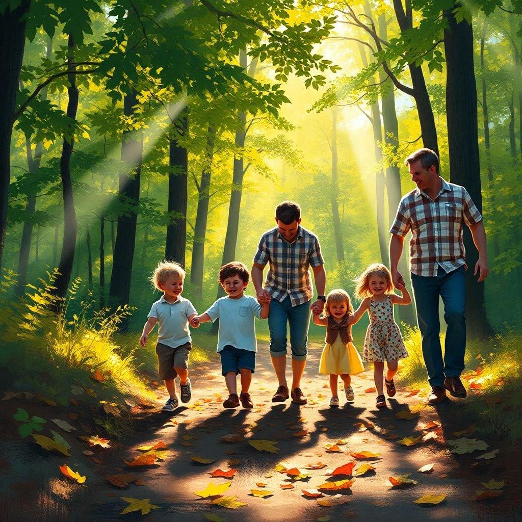 Celebrate Father's Day with this beautiful wallpaper featuring a father and his children walking in the woods. The image captures the joy and love of the special bond between fathers and their kids.