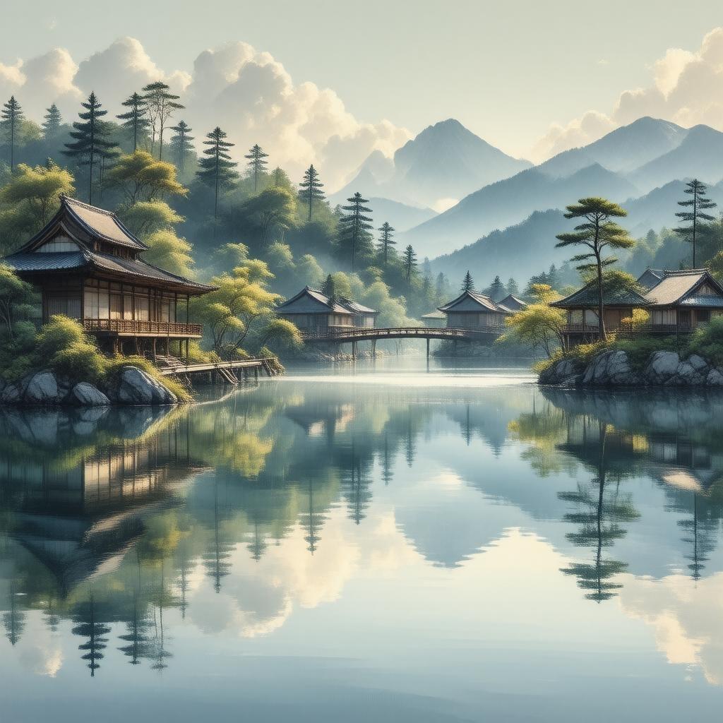 A serene anime-style illustration depicts a traditional Japanese village, reflected perfectly in a still pond. A wooden bridge connects two islands and a small tea house is nestled nearby. The peaceful scene, bathed in soft light, captures a moment of tranquility.