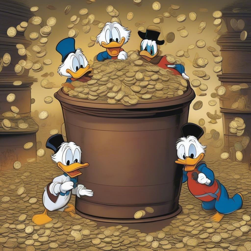 Donald Duck and his nephews, Huey Dewey, and Louey, discover a treasure chest overflowing with gold coins, turning an ordinary moment into an extraordinary adventure.