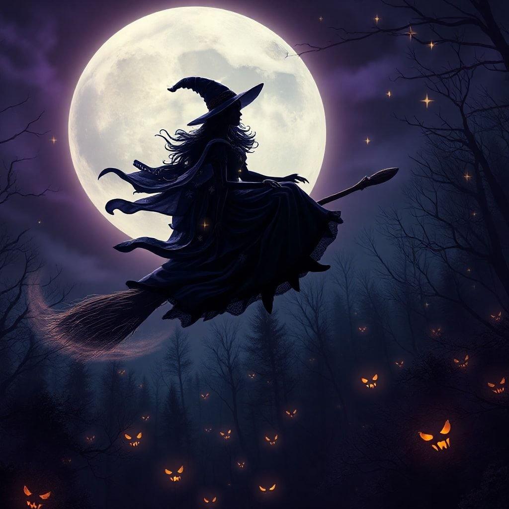 A witch flying on a broomstick under a full moon on Halloween night.