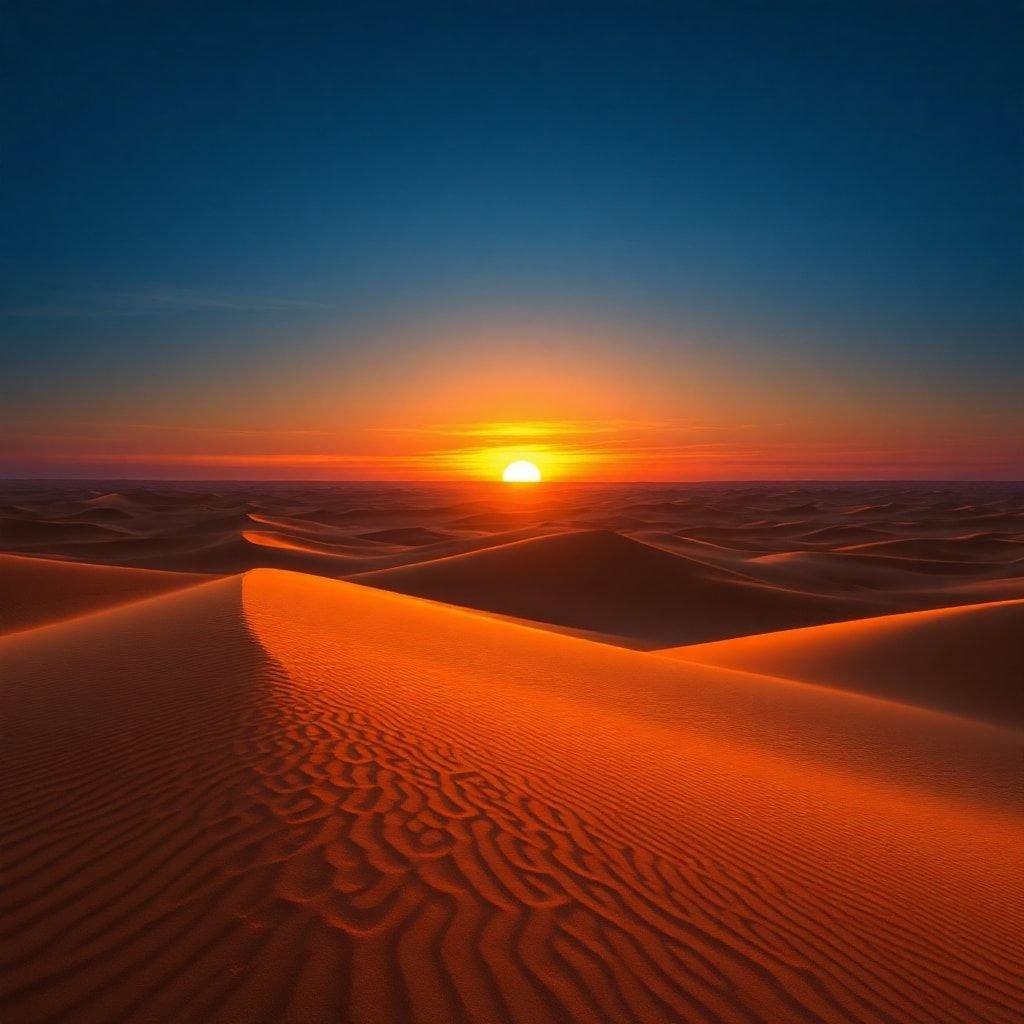 A serene desert sunrise with dunes stretching to the horizon. A tranquil scene for mindfulness and reflection.