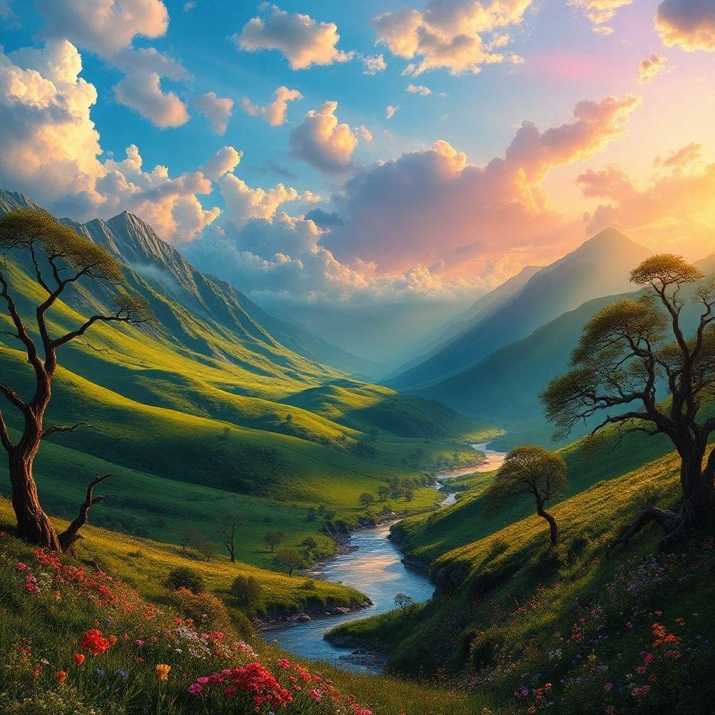 Escape to a world of peace and tranquility with this breathtaking landscape wallpaper, featuring rolling hills, a winding river, and majestic mountains under a brilliant blue sky.