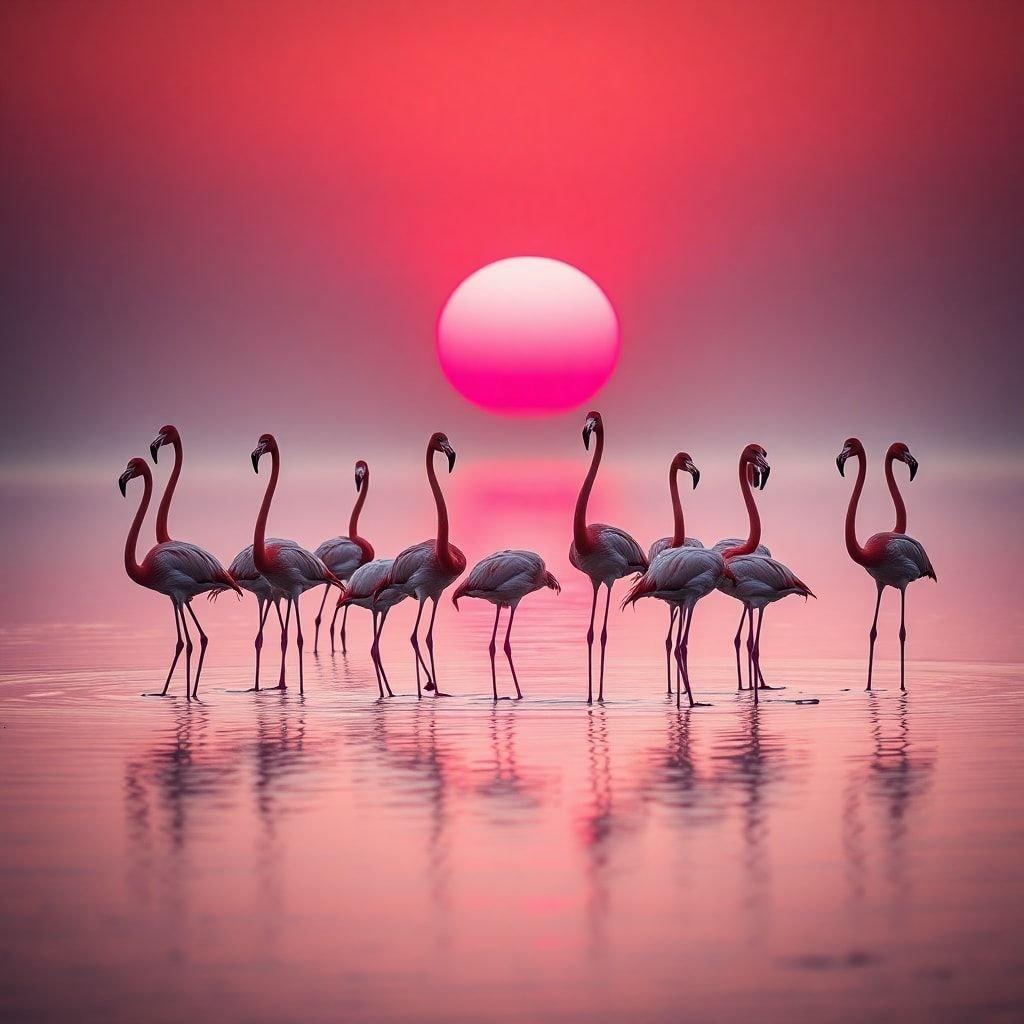 Una vista serena e mozzafiato di un tramonto con fenicotteri in primo piano, ambientata contro un vibrante cielo arancione e rosa.