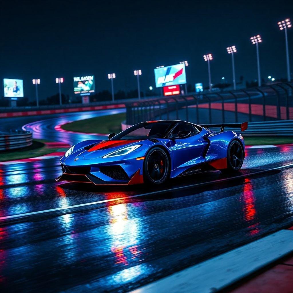 This stunning wallpaper features a sleek blue sports car navigating a wet road, exuding speed and style.