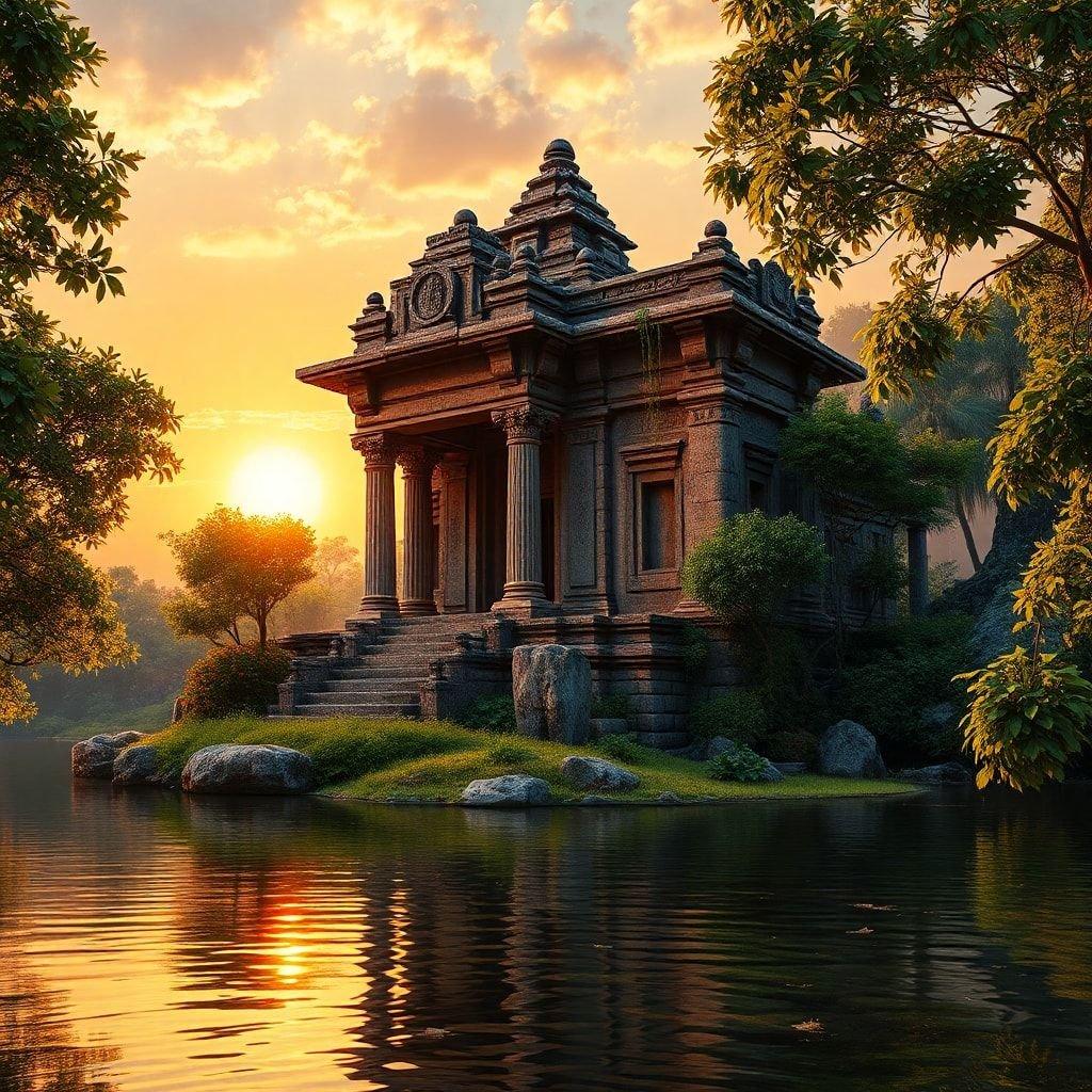 A majestic ancient temple bathed in the warm glow of a setting sun, nestled amidst tranquil water and lush greenery.