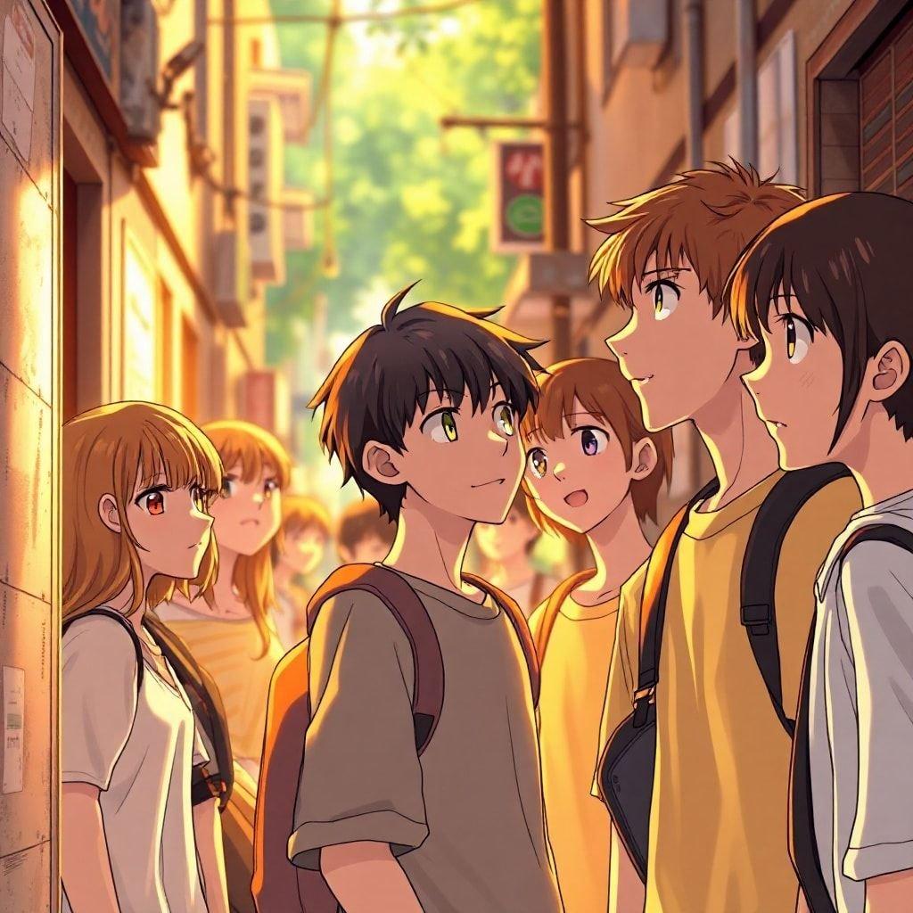 This vibrant anime illustration captures a group of high school students meeting in a narrow alleyway, bathed in warm yellow and orange hues.