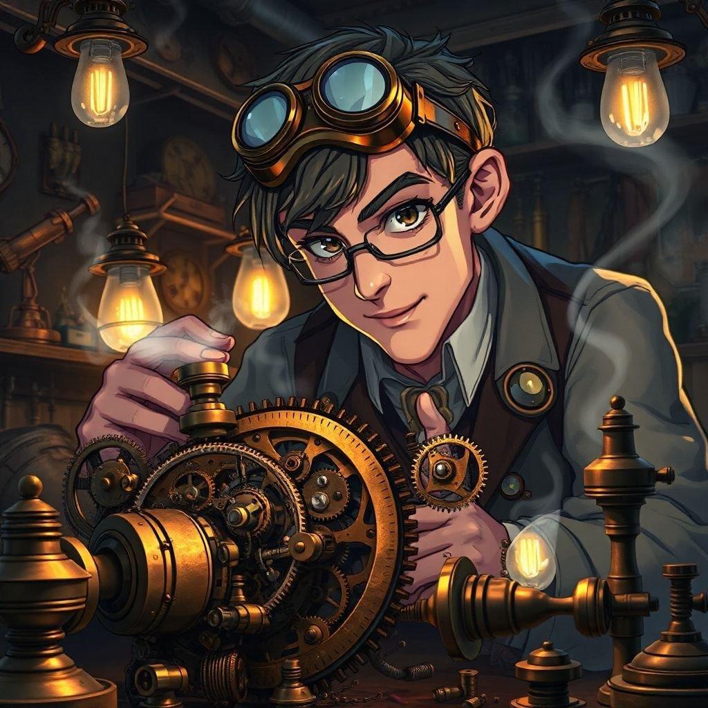 A steampunk-inspired inventor, surrounded by intricate clockwork machinery, in a dimly lit workshop setting, creating an anime-like atmosphere.