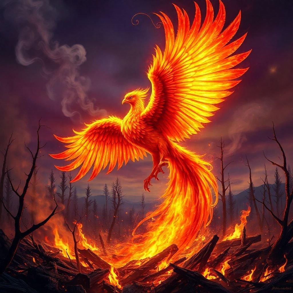 This fantasy wallpaper depicts a phoenix rising from the ashes, a symbol of hope and renewal.