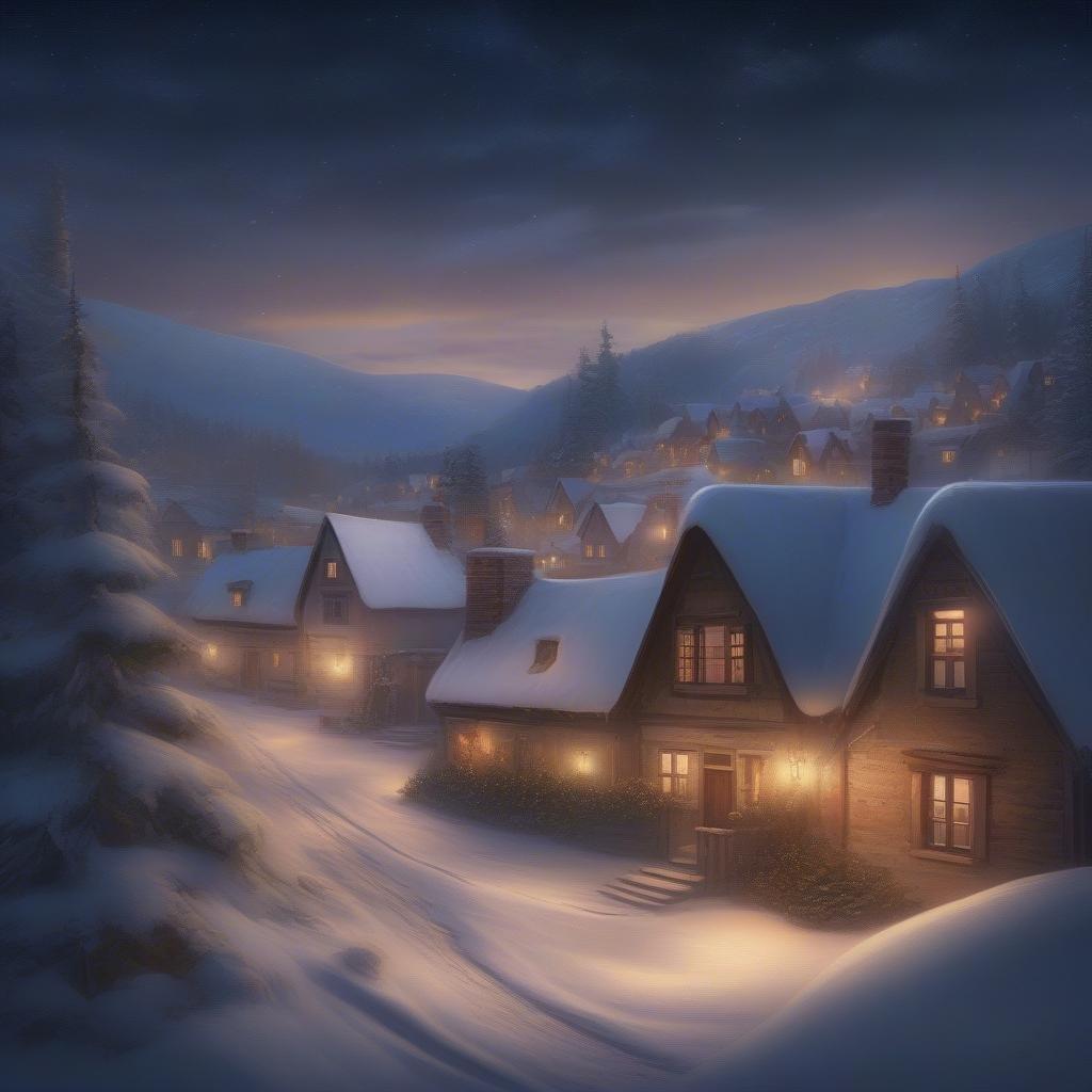 A cozy snowy village nestled in the mountains, decorated with festive Christmas lights.