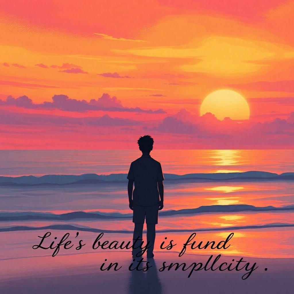 A serene beach sunset scene with a profound quote about life's beauty.