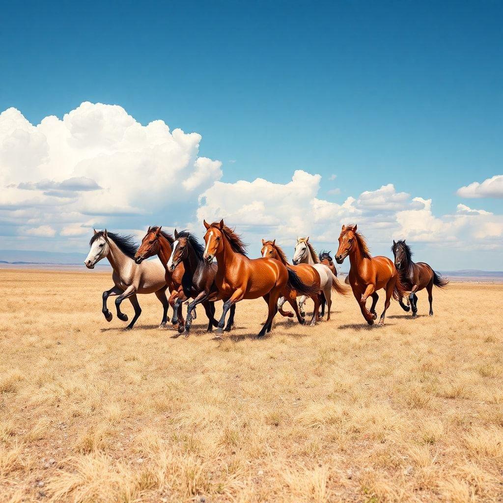 Casual, colorful rider on spirited horse charging through an open field of golden grass.